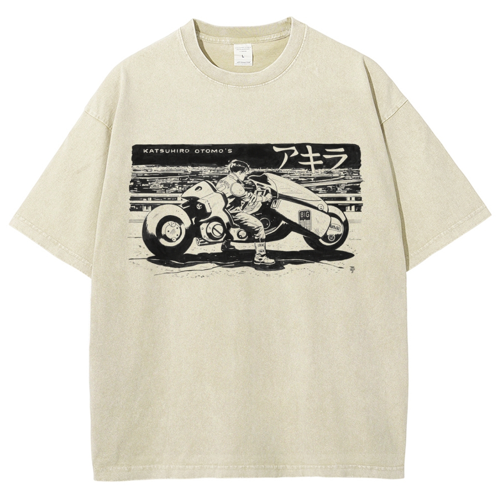 Manga Motorcycle Rider Line Art Washed T-Shirt 