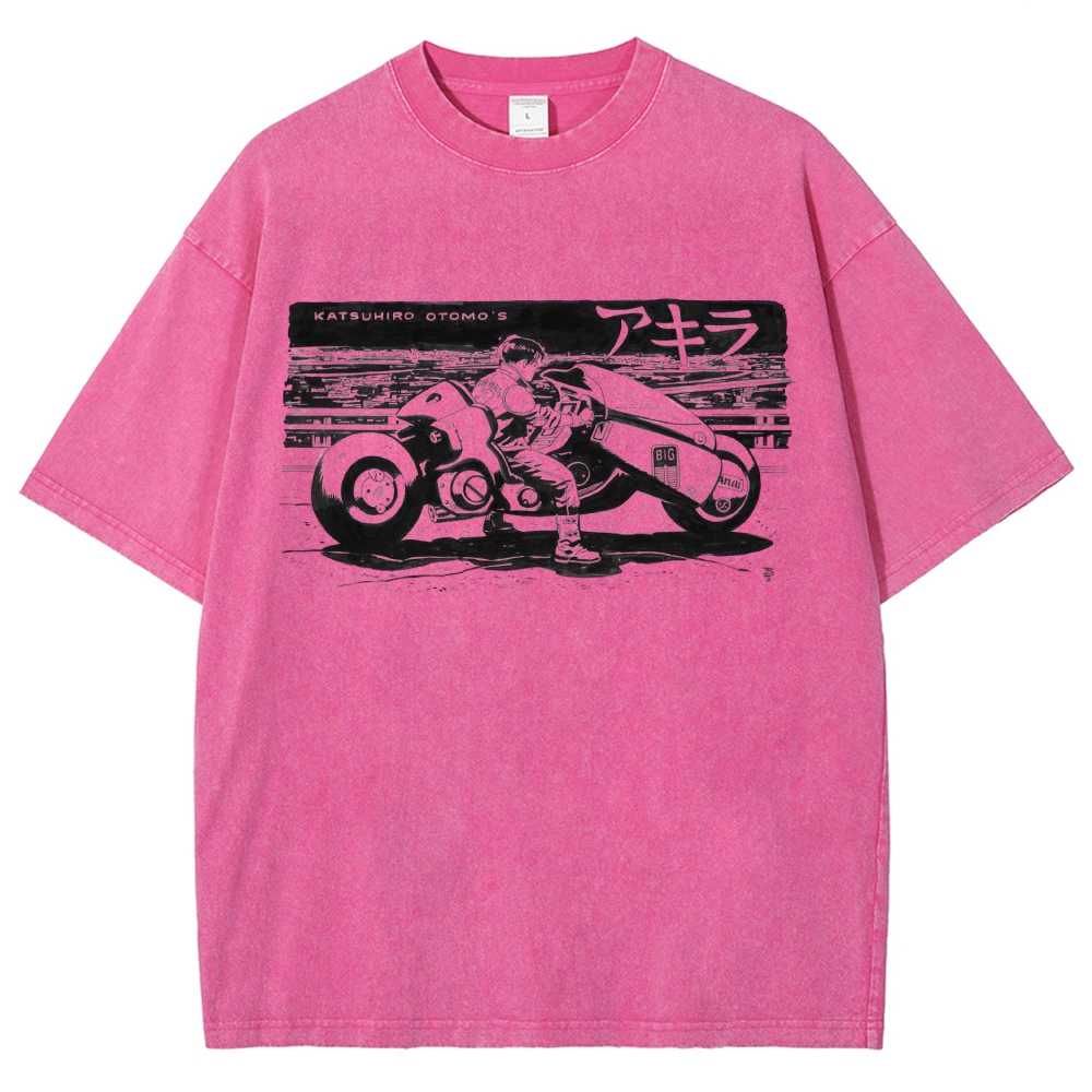 Manga Motorcycle Rider Line Art Washed T-Shirt 