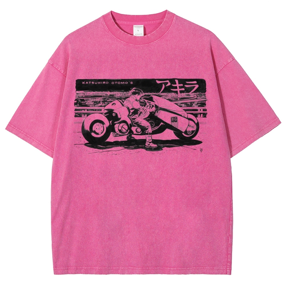 Manga Motorcycle Rider Line Art Washed T-Shirt 