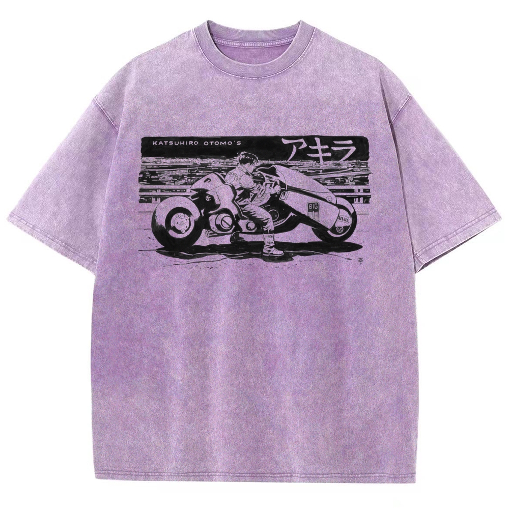 Manga Motorcycle Rider Line Art Washed T-Shirt 