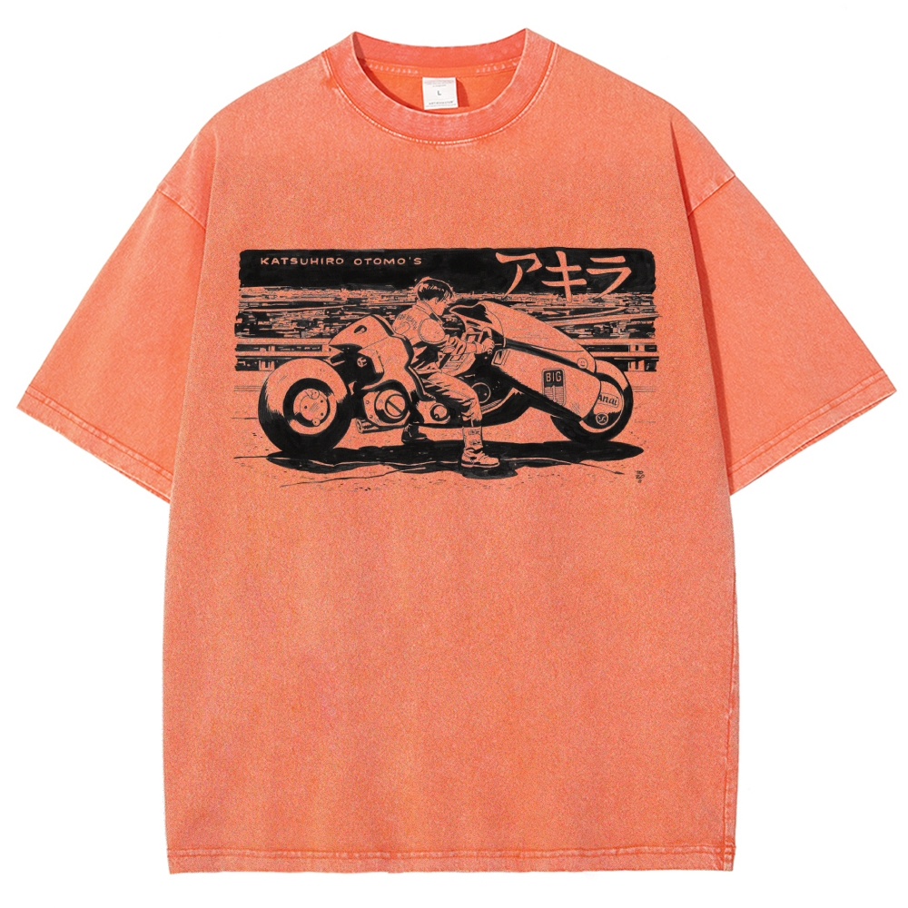 Manga Motorcycle Rider Line Art Washed T-Shirt 