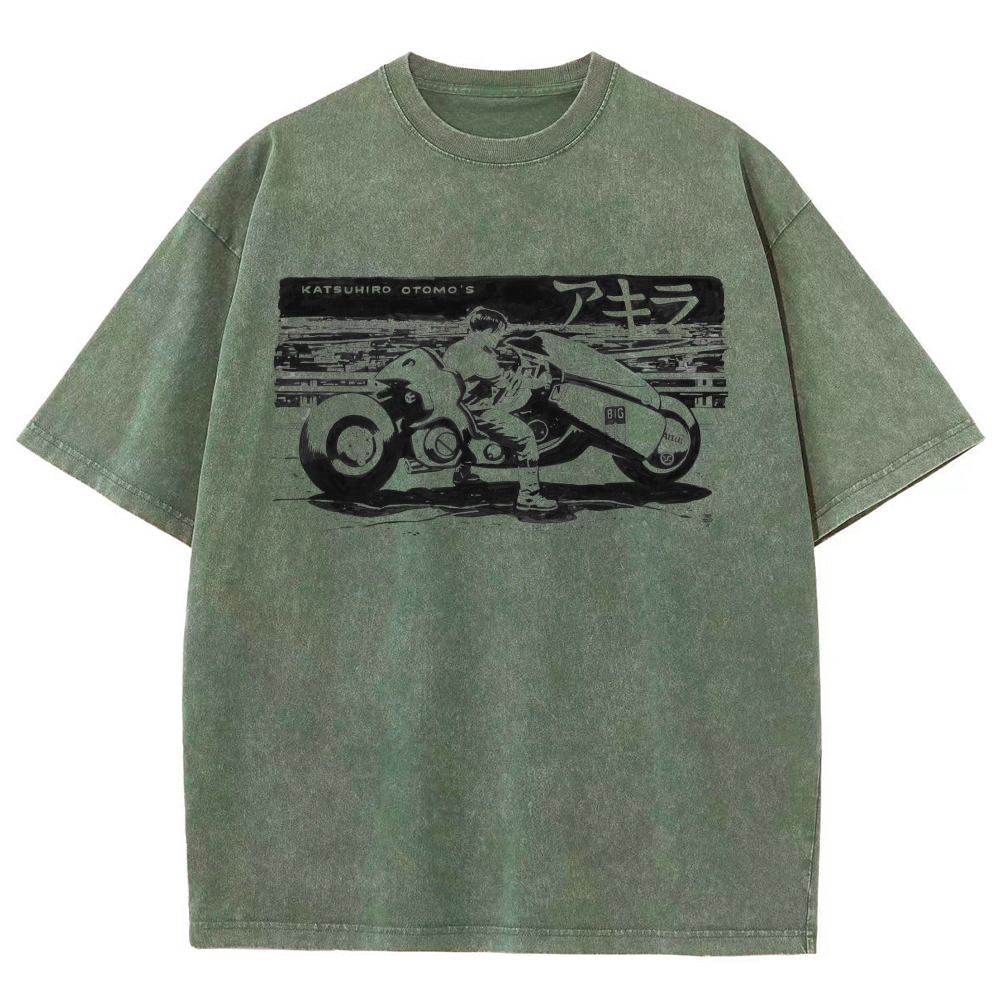 Manga Motorcycle Rider Line Art Washed T-Shirt 