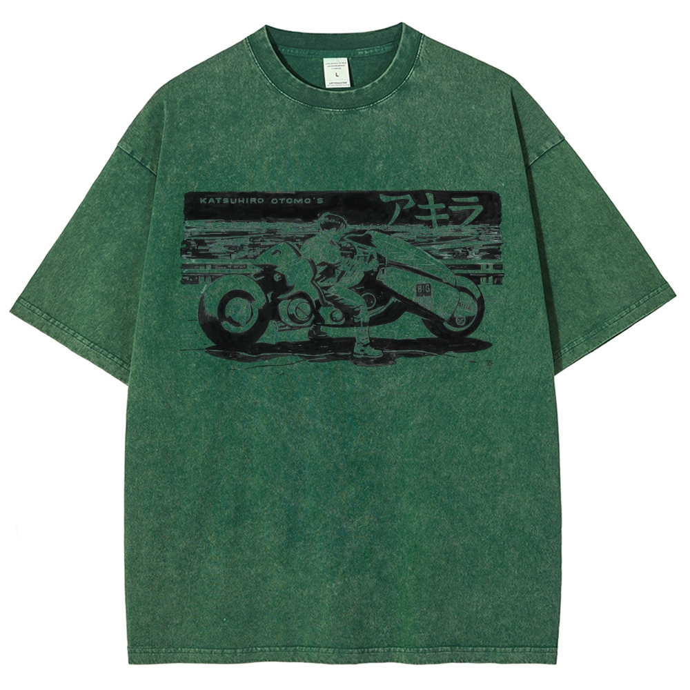 Manga Motorcycle Rider Line Art Washed T-Shirt 