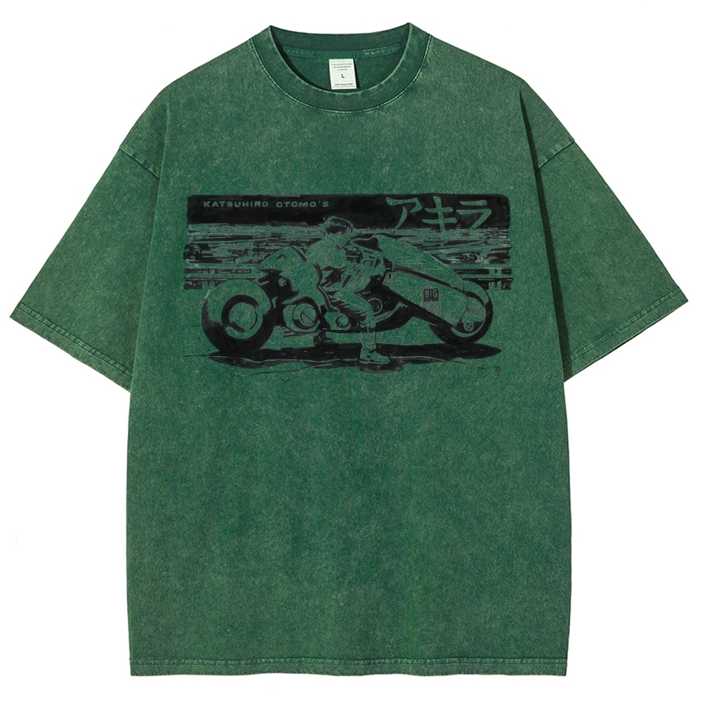 Manga Motorcycle Rider Line Art Washed T-Shirt 