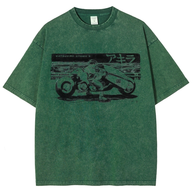 Manga Motorcycle Rider Line Art Washed T-Shirt 