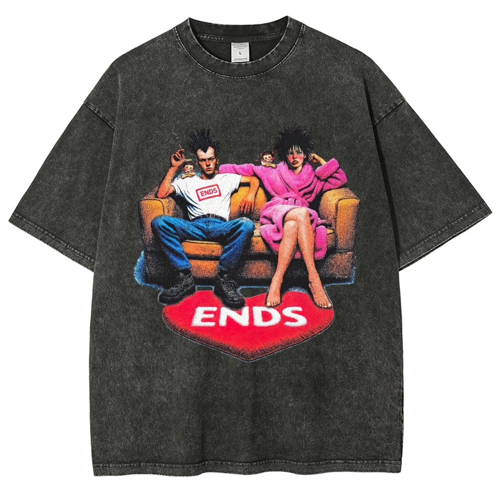 Punk Spiky Hair Couple Sofa Illustration Washed T-Shirt