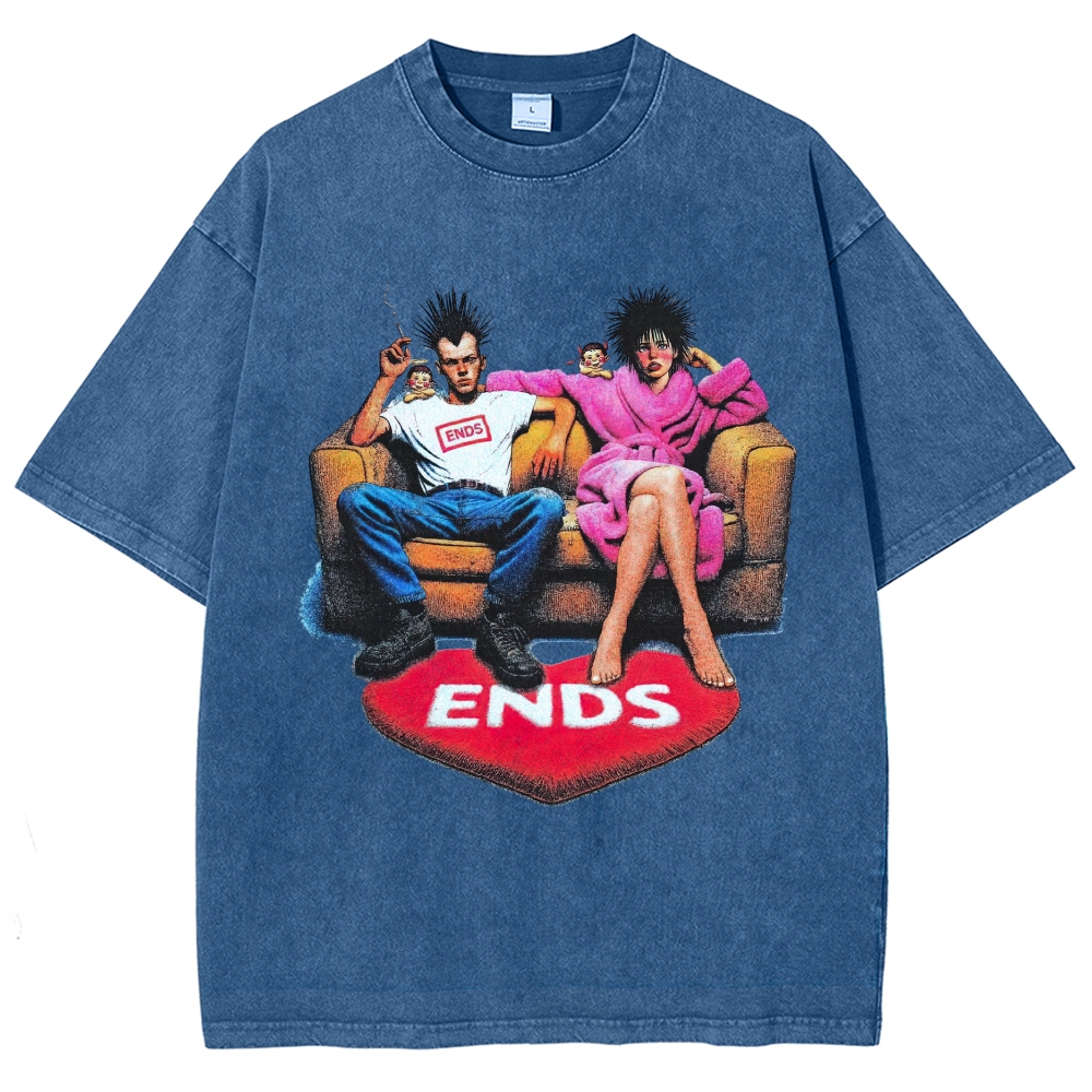 Punk Spiky Hair Couple Sofa Illustration Washed T-Shirt
