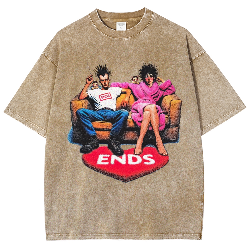Punk Spiky Hair Couple Sofa Illustration Washed T-Shirt