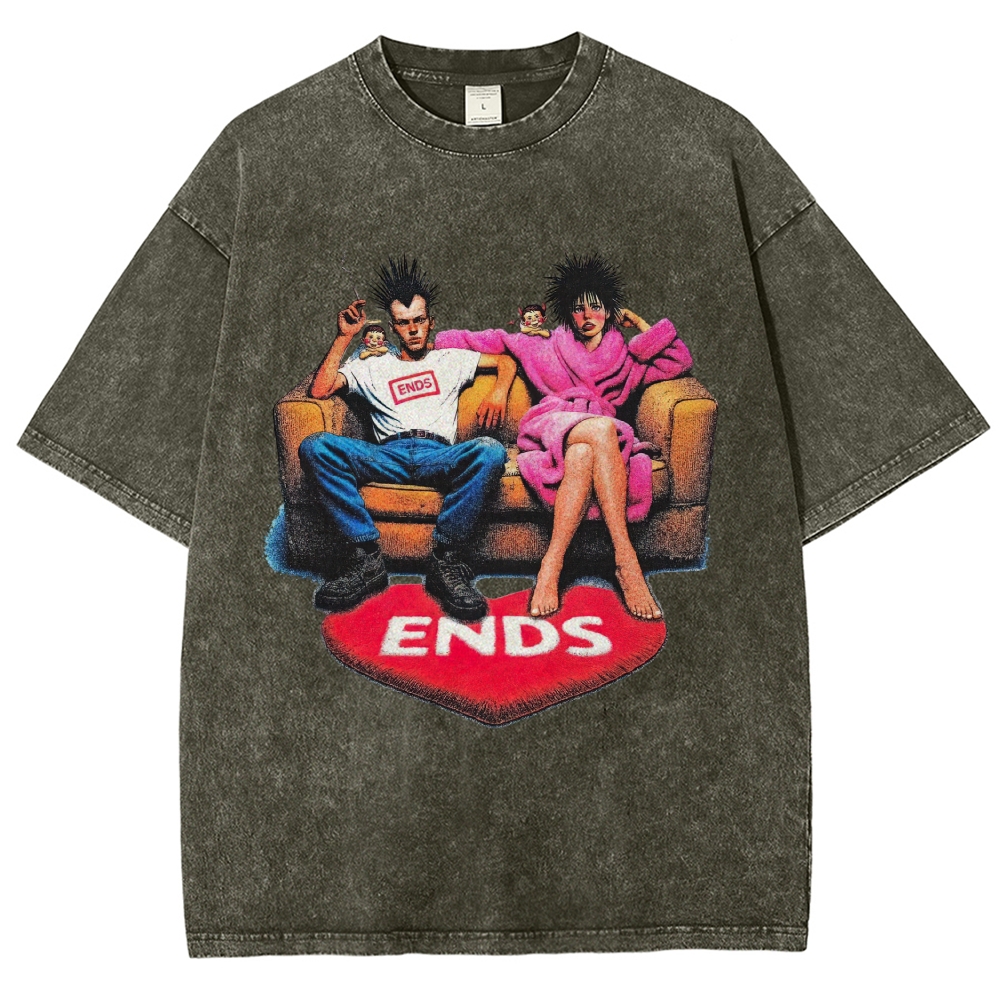 Punk Spiky Hair Couple Sofa Illustration Washed T-Shirt