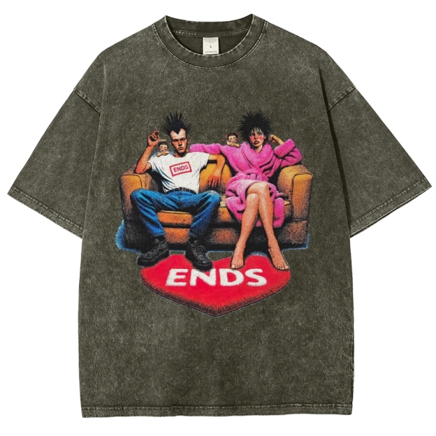 Punk Spiky Hair Couple Sofa Illustration Washed T-Shirt