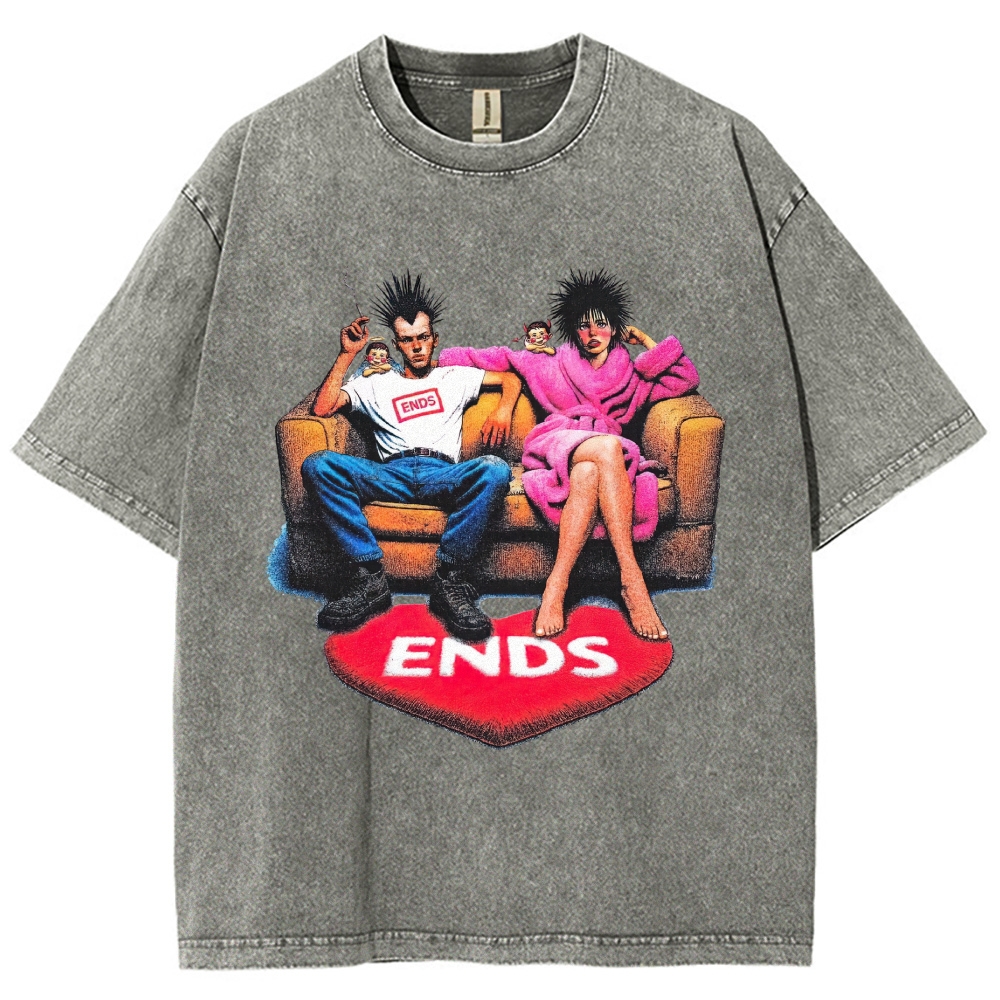 Punk Spiky Hair Couple Sofa Illustration Washed T-Shirt