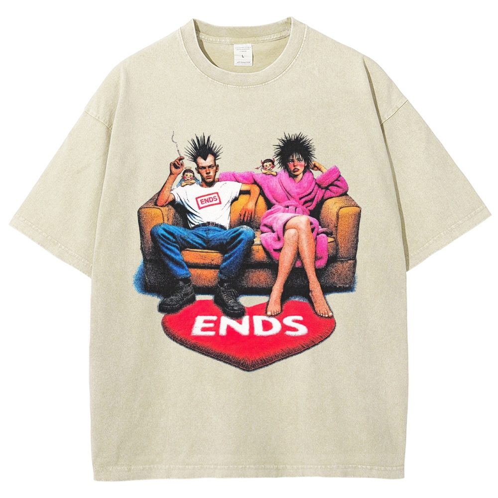 Punk Spiky Hair Couple Sofa Illustration Washed T-Shirt