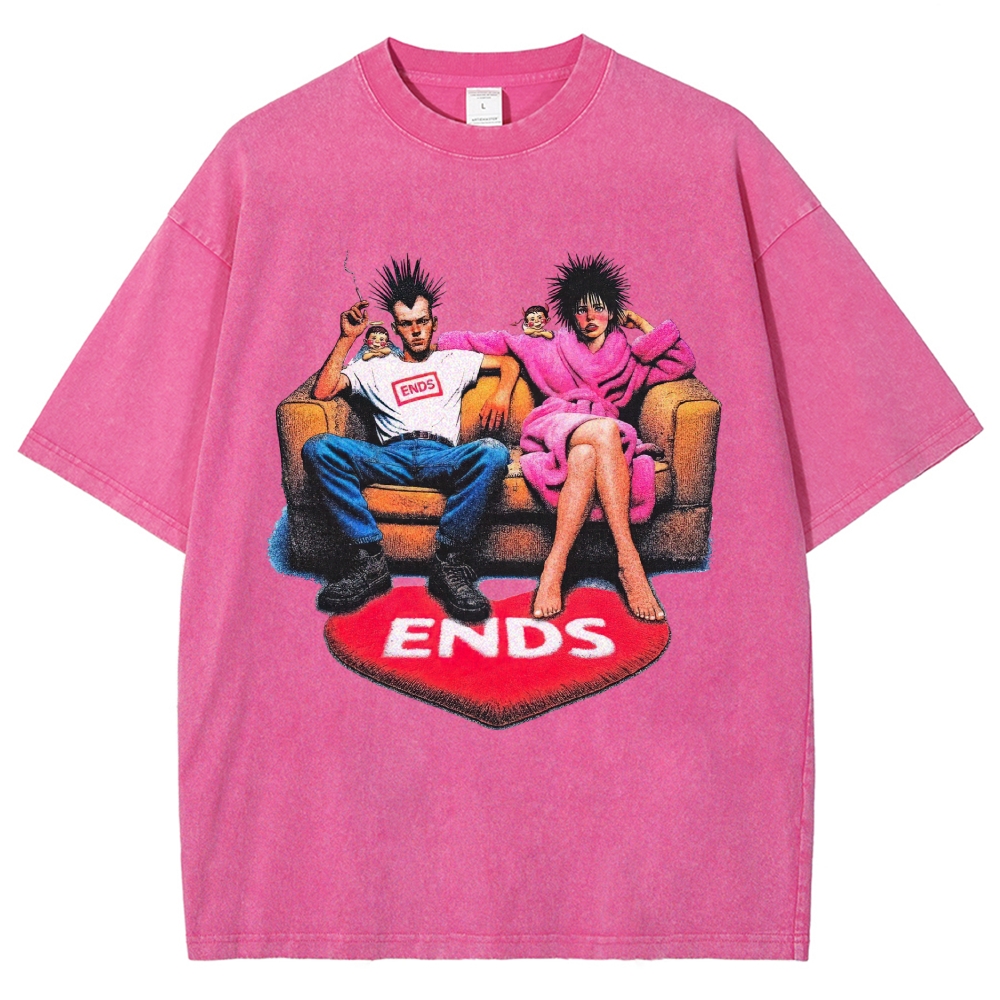 Punk Spiky Hair Couple Sofa Illustration Washed T-Shirt