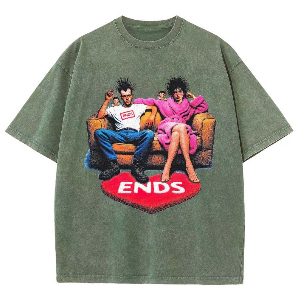 Punk Spiky Hair Couple Sofa Illustration Washed T-Shirt