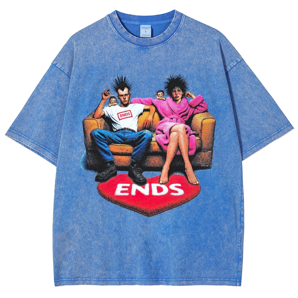 Punk Spiky Hair Couple Sofa Illustration Washed T-Shirt