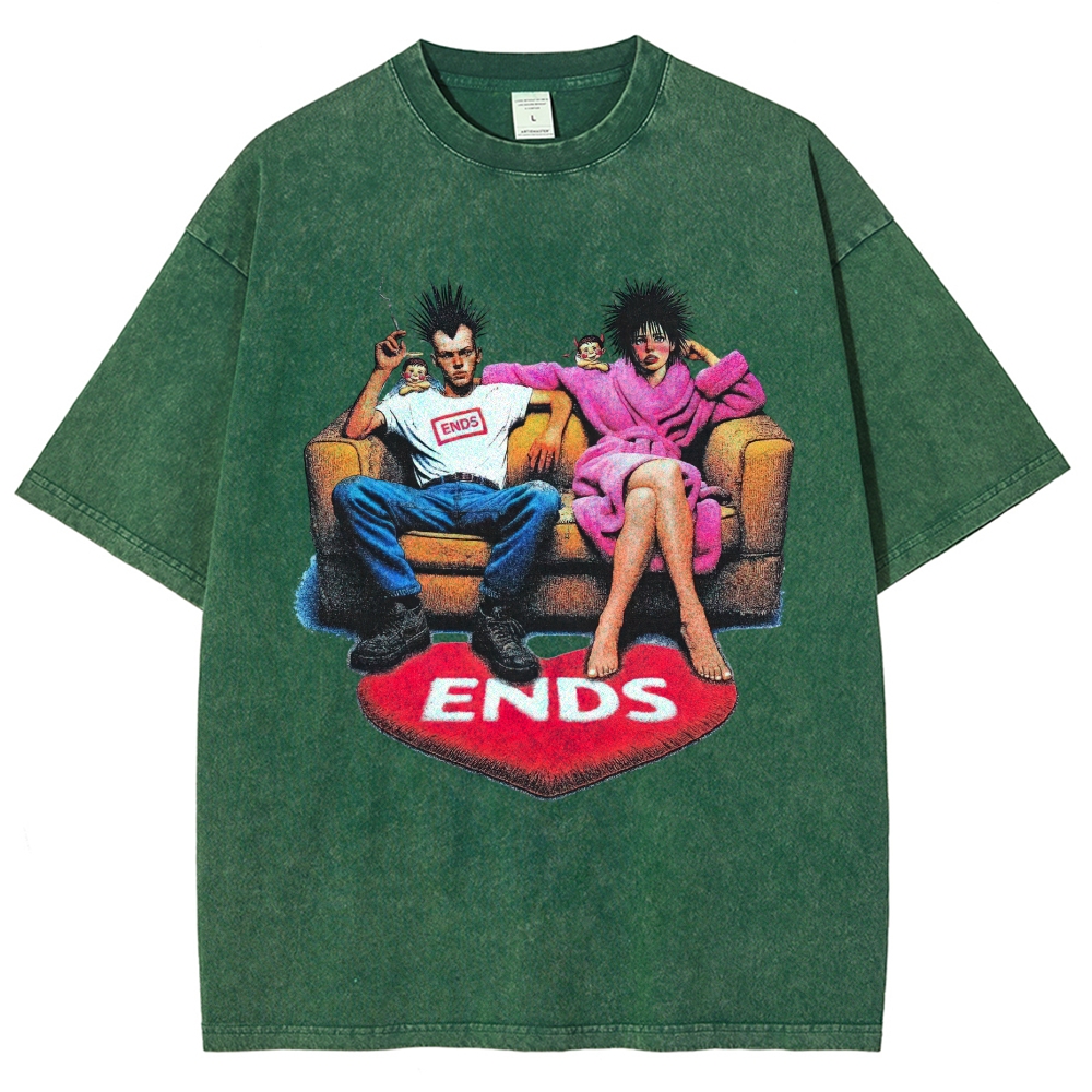 Punk Spiky Hair Couple Sofa Illustration Washed T-Shirt