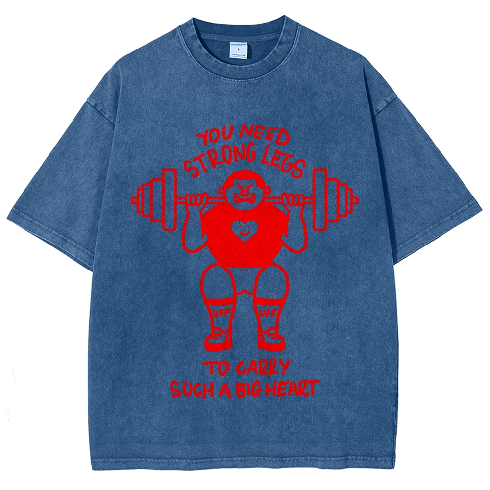 Cute Weightlifting Cartoon Character Quote Washed T-Shirt