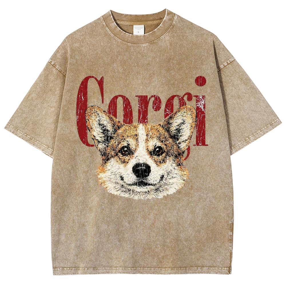 Retro Corgi Head Cracked Font  Washed T-Shirt