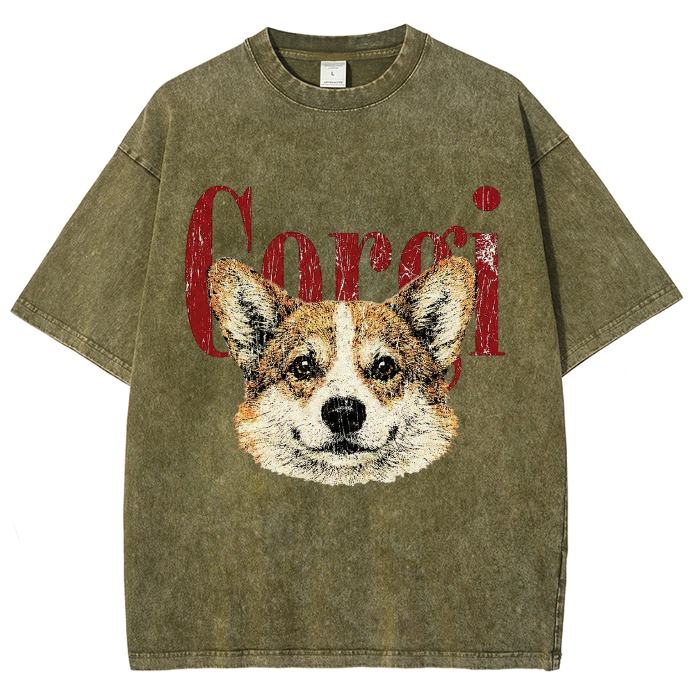 Retro Corgi Head Cracked Font  Washed T-Shirt