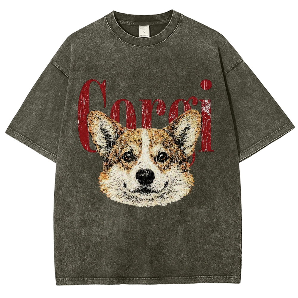 Retro Corgi Head Cracked Font  Washed T-Shirt