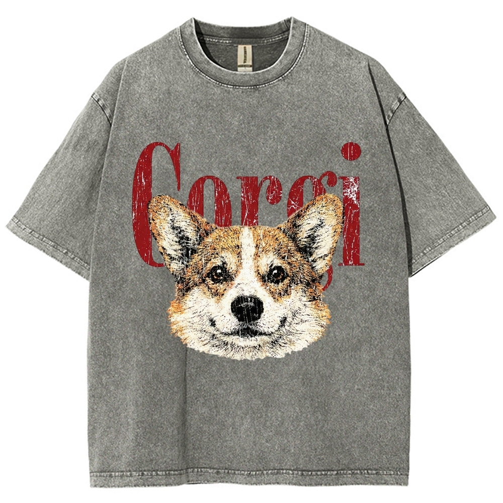 Retro Corgi Head Cracked Font  Washed T-Shirt