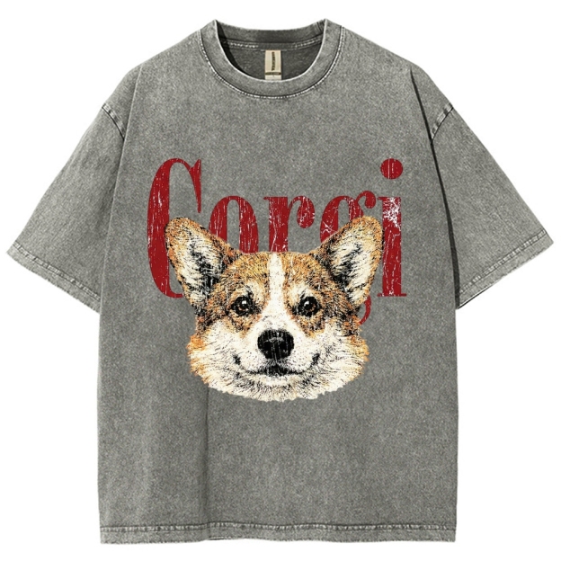 Retro Corgi Head Cracked Font  Washed T-Shirt