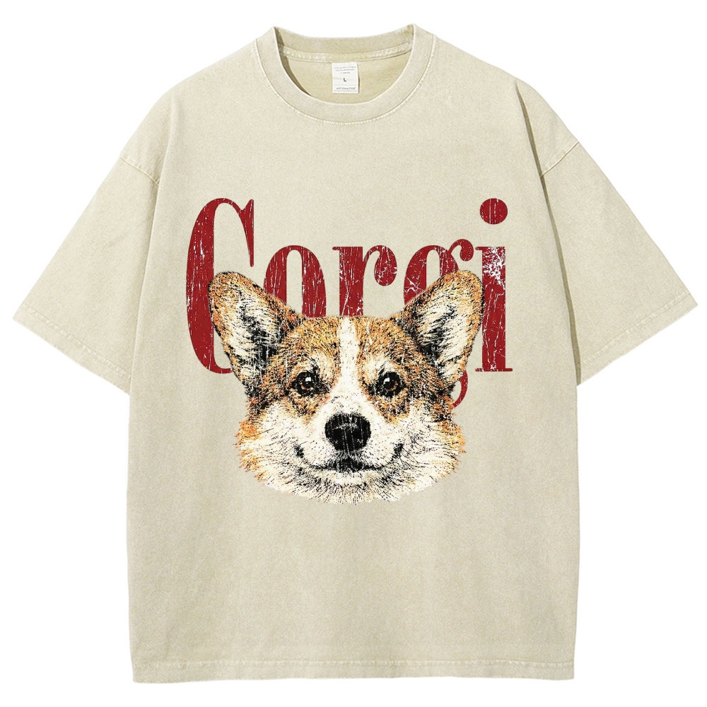 Retro Corgi Head Cracked Font  Washed T-Shirt