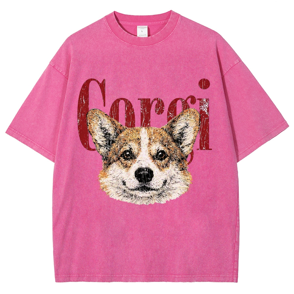 Retro Corgi Head Cracked Font  Washed T-Shirt