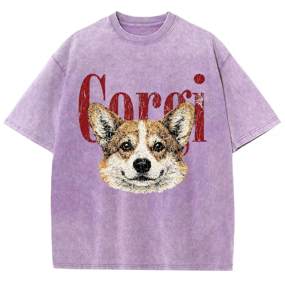 Retro Corgi Head Cracked Font  Washed T-Shirt
