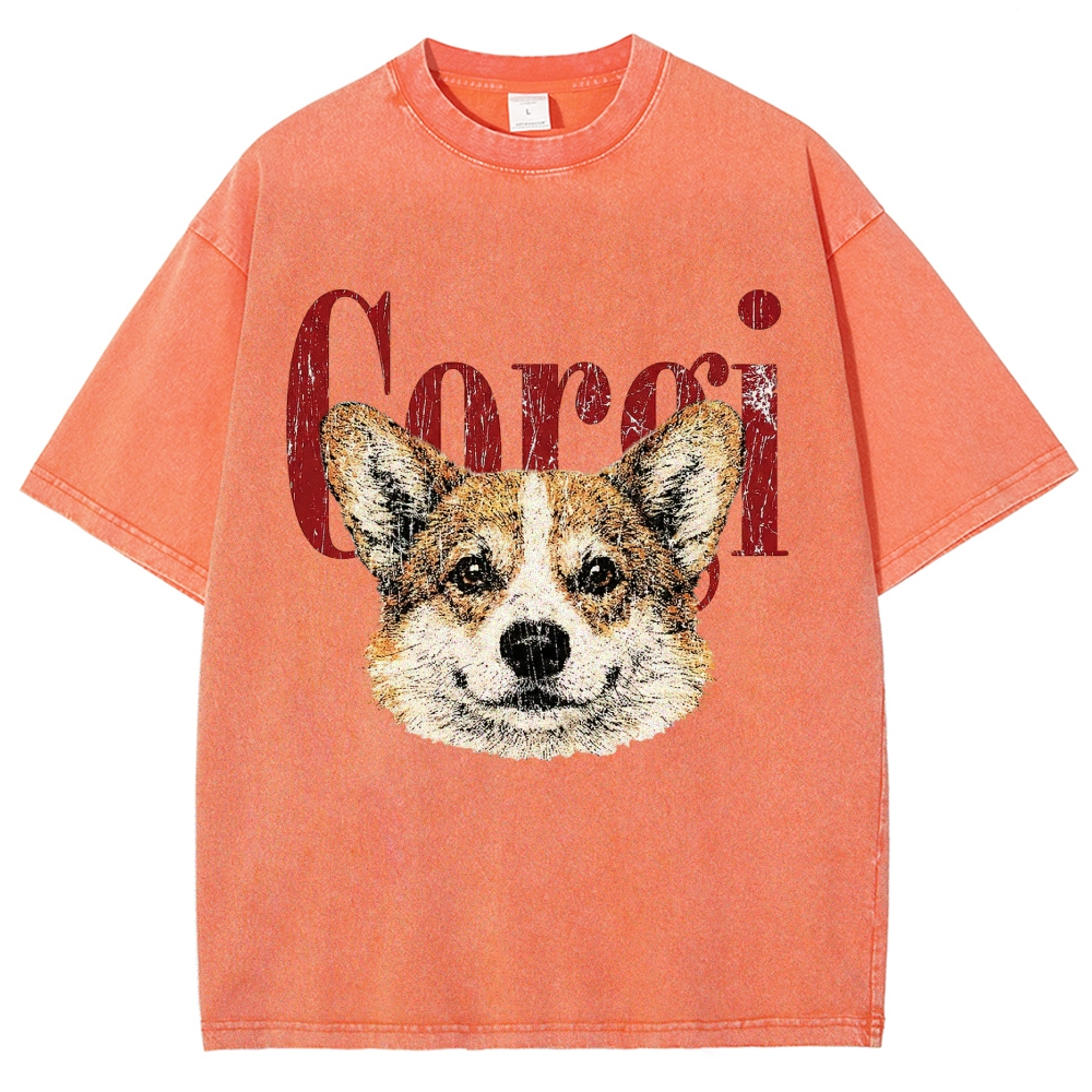 Retro Corgi Head Cracked Font  Washed T-Shirt