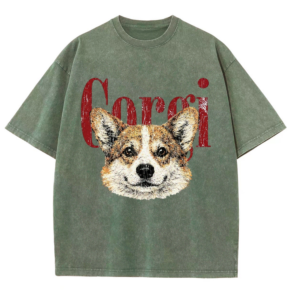 Retro Corgi Head Cracked Font  Washed T-Shirt