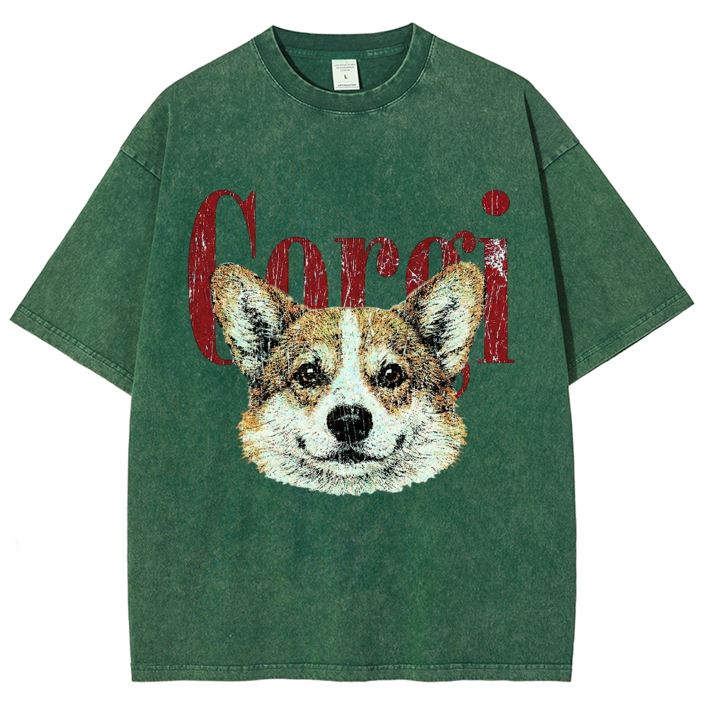 Retro Corgi Head Cracked Font  Washed T-Shirt