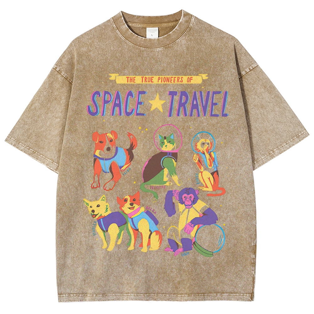 Colorful Space Animal Astronaut Washed T-Shirt 