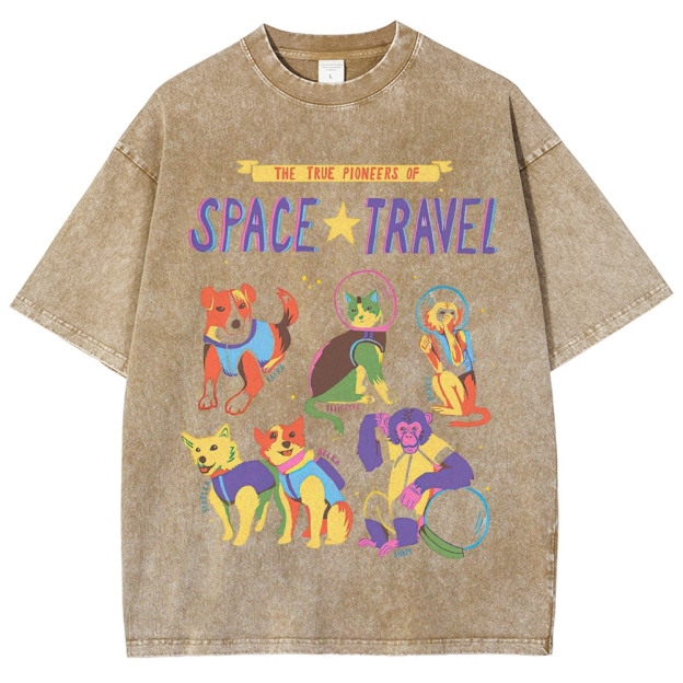 Colorful Space Animal Astronaut Washed T-Shirt 