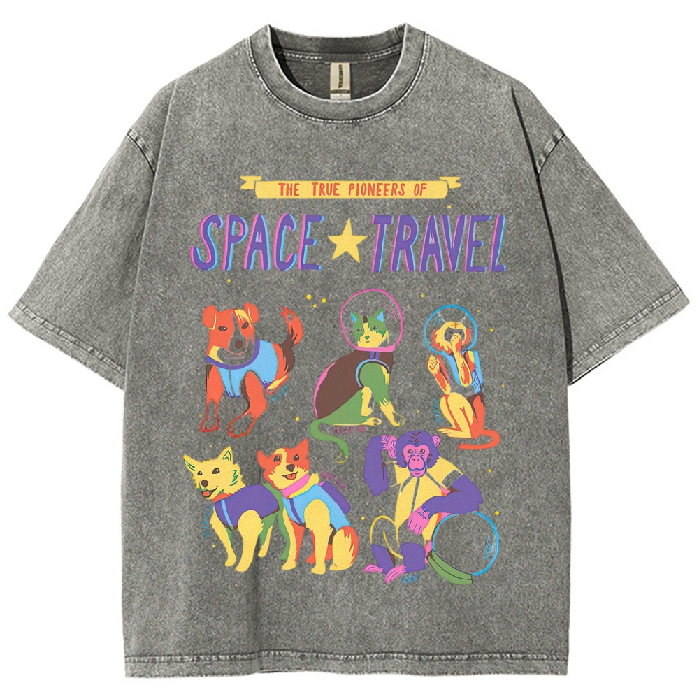 Colorful Space Animal Astronaut Washed T-Shirt 