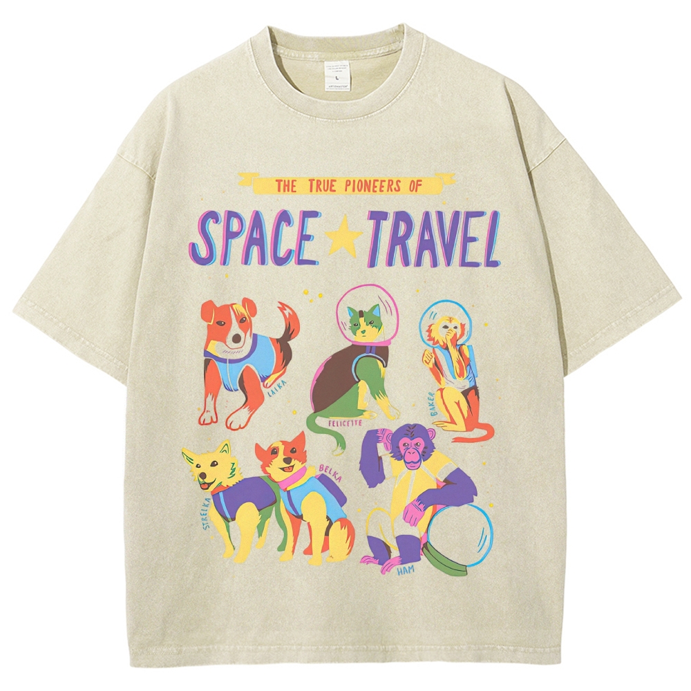 Colorful Space Animal Astronaut Washed T-Shirt 