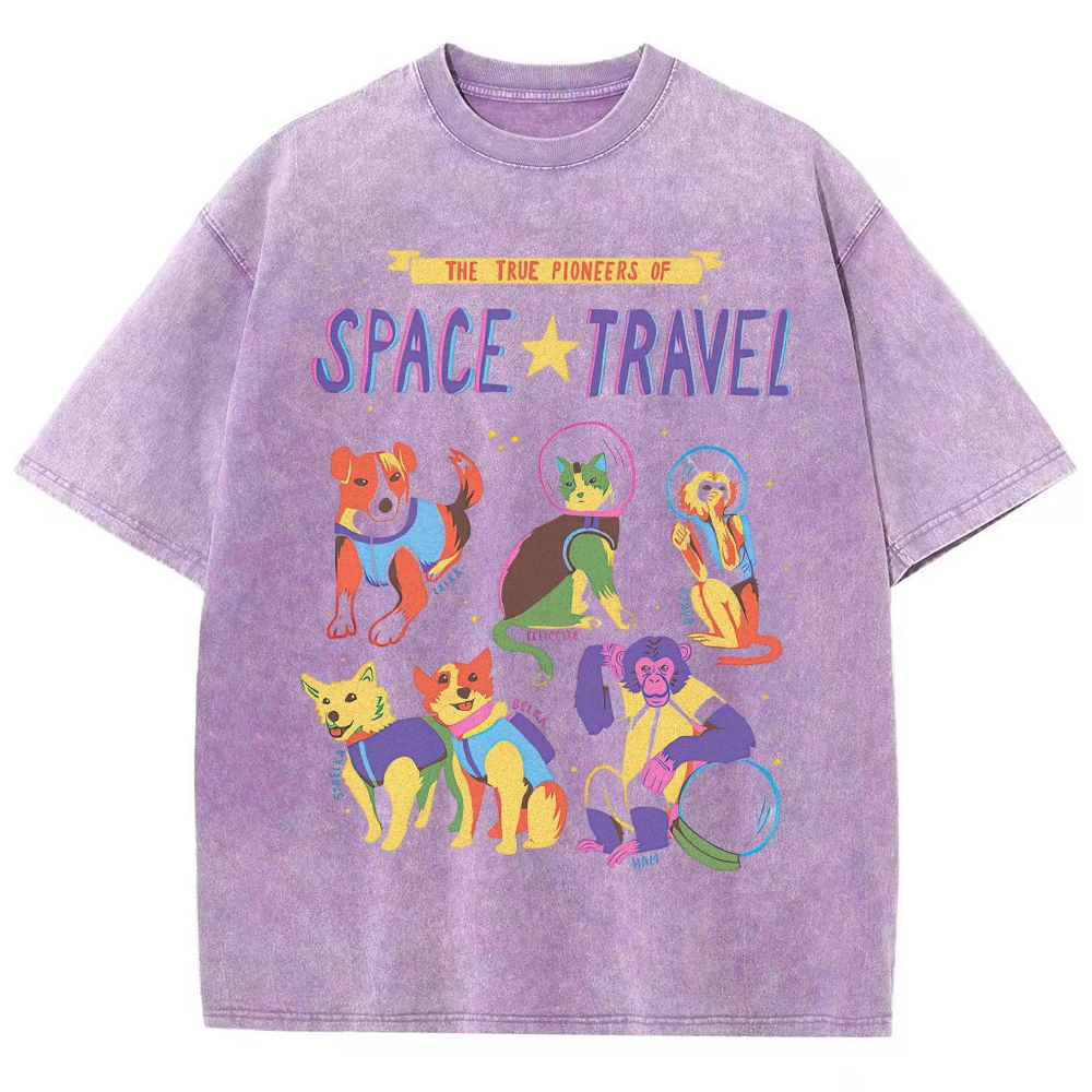 Colorful Space Animal Astronaut Washed T-Shirt 
