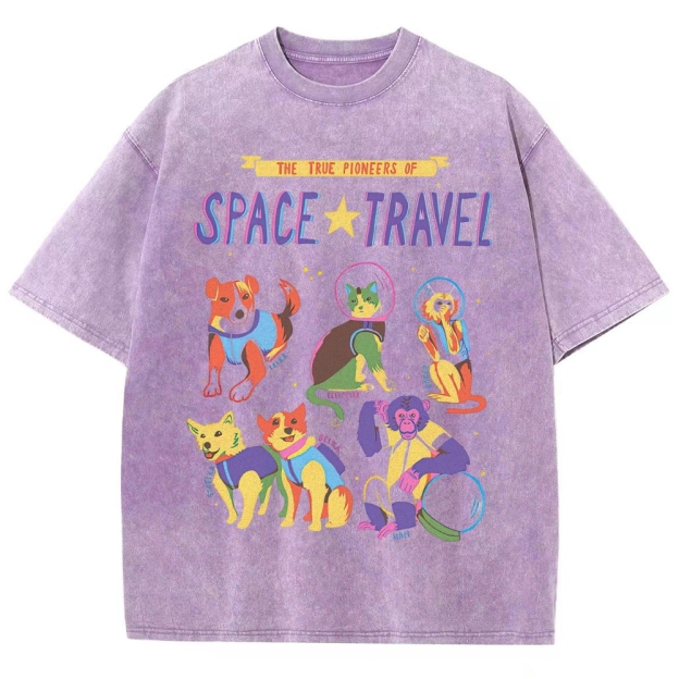 Colorful Space Animal Astronaut Washed T-Shirt 
