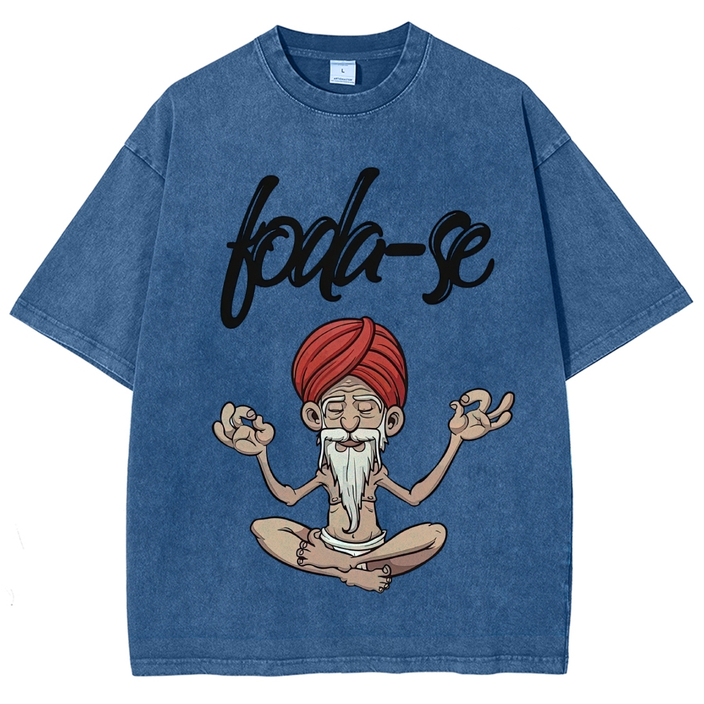 Cartoon Meditating Guru Script Text Washed T-Shirt