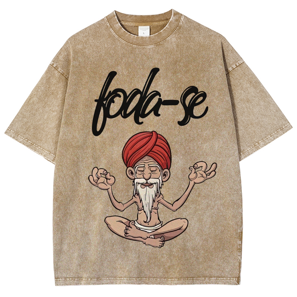 Cartoon Meditating Guru Script Text Washed T-Shirt