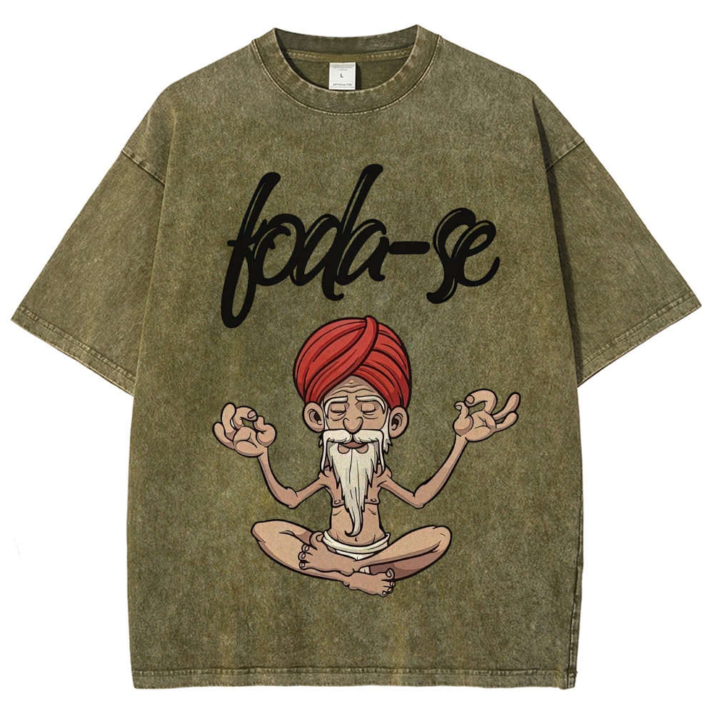 Cartoon Meditating Guru Script Text Washed T-Shirt
