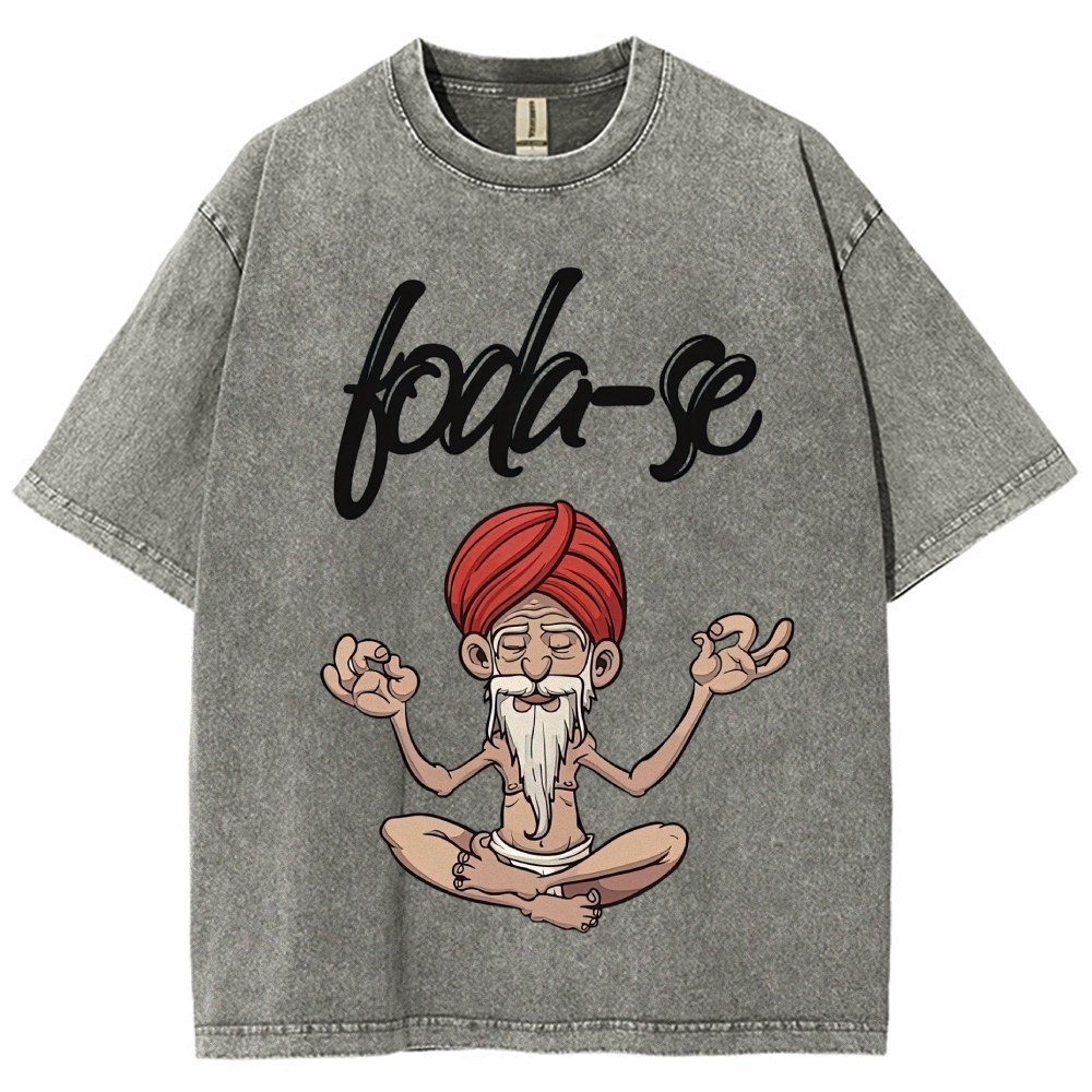 Cartoon Meditating Guru Script Text Washed T-Shirt
