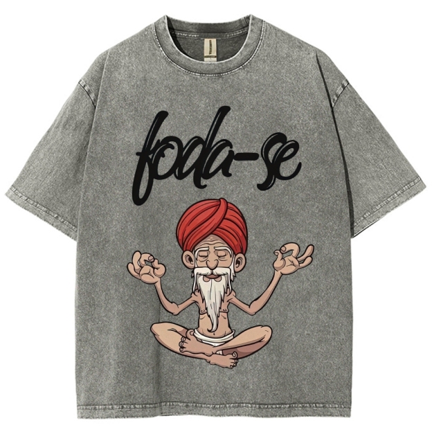 Cartoon Meditating Guru Script Text Washed T-Shirt