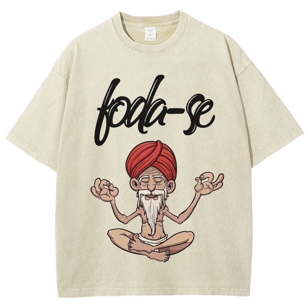 Cartoon Meditating Guru Script Text Washed T-Shirt