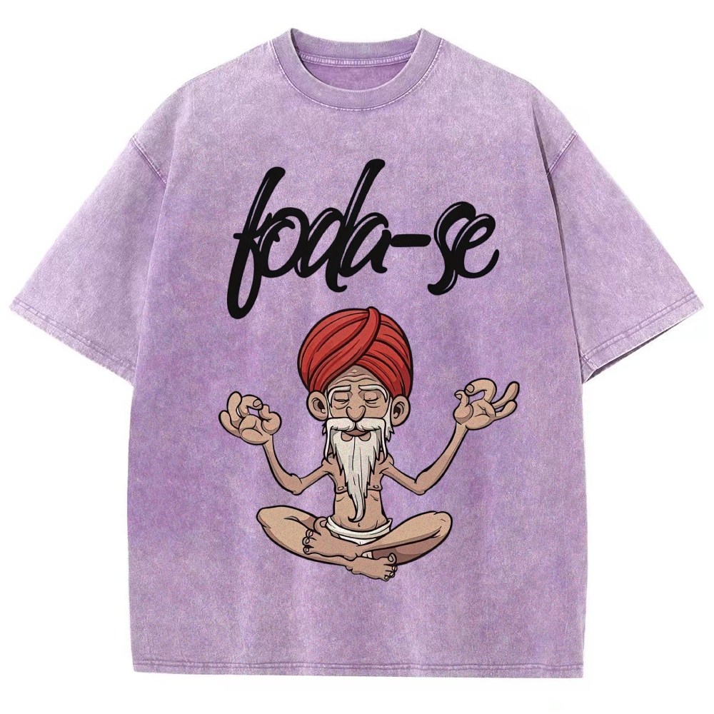Cartoon Meditating Guru Script Text Washed T-Shirt