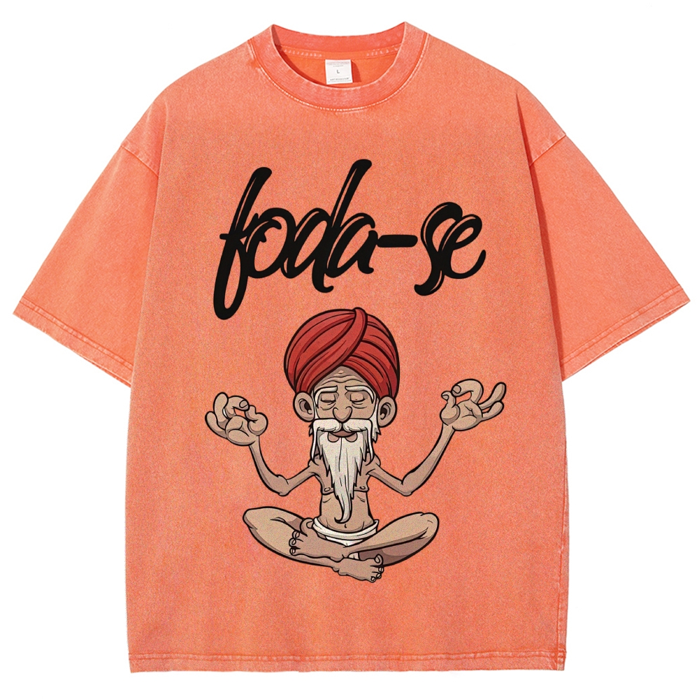Cartoon Meditating Guru Script Text Washed T-Shirt
