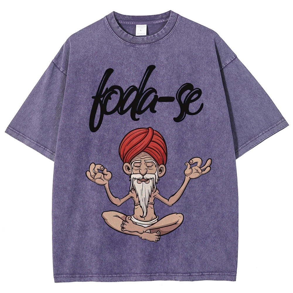 Cartoon Meditating Guru Script Text Washed T-Shirt