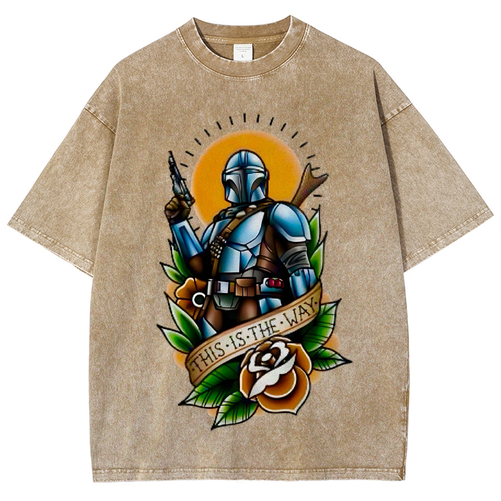 Traditional Tattoo Style Armored Warrior Rose Washed T-Shirt 
