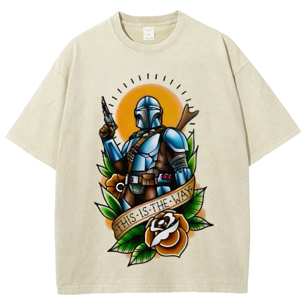 Traditional Tattoo Style Armored Warrior Rose Washed T-Shirt 