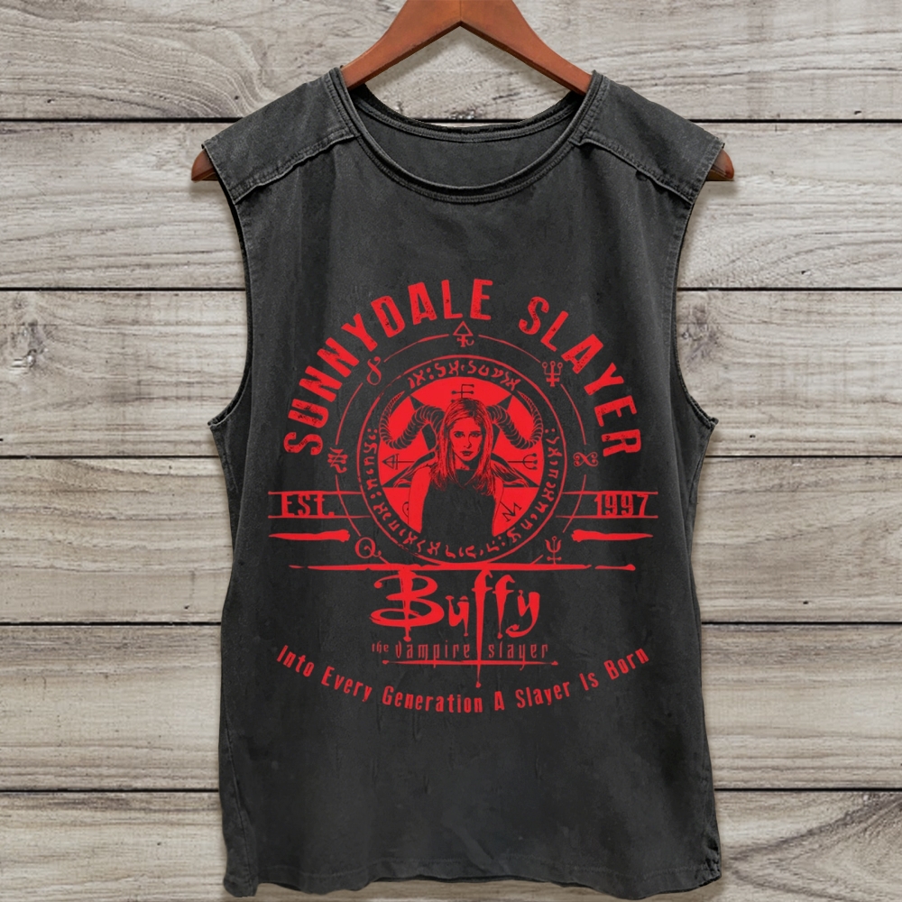 Red Circular Emblem Washed Tank Top